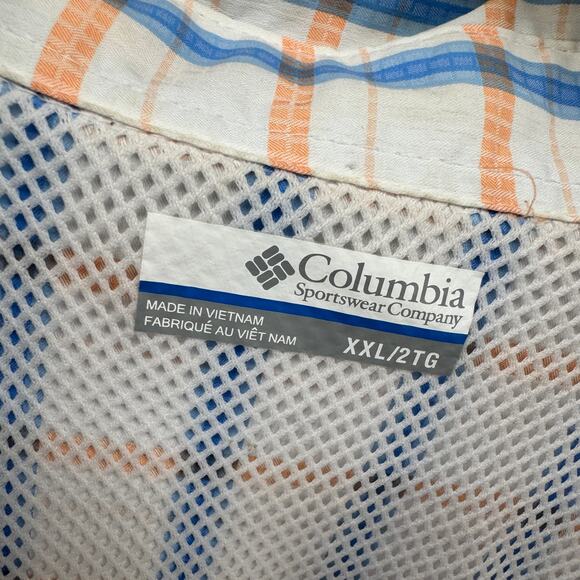 Columbia PFG Shirt Mens XXL Blue Peach White Plaid Button Down Omni Shade - Picture 2 of 9